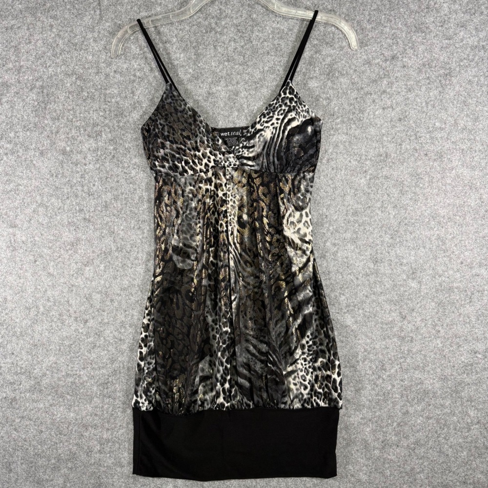 Wet Seal Mini Dress Women XS Black Gold Animal Print Metallic Y2K Clubwear 6407